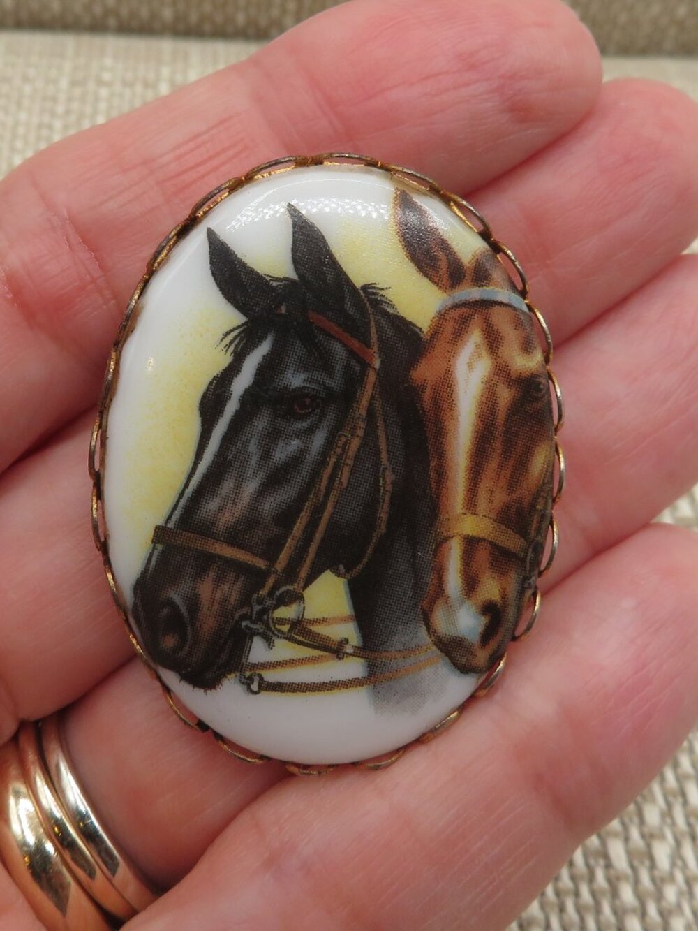 Vintage Porcelain Horse Cameo Brooch